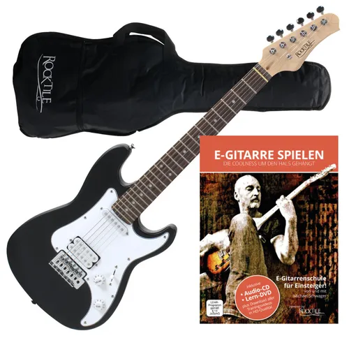 Rocktile Sphere Junior E-Gitarre 3/4 Schwarz + Gitarren-Schule - E-Gitarren-Set für Kinder, vollwertiges Schülerinstrument für Anfänger im Alter von 7-10 Jahren, inklusive Gitarrenschule mit CD für den optimalen Einstieg.