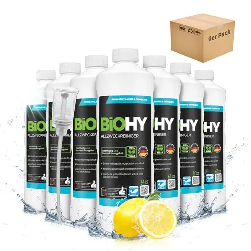BiOHY Allzweckreiniger (9 x 1L) + Dosierer | Bodenreiniger Konzentrat für Parkett, Fliesen & Hartböden | Reiniger für Wischroboter, Saugwischer & Saugroboter | Schaumarmes, ergiebiges Reinigungsmittel