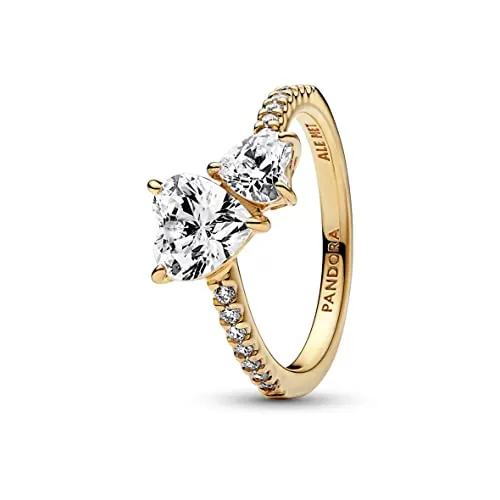 PANDORA Timeless Doppel-Herz Ring - Ringe für Damen, vergoldet mit funkelnden Cubic Zirkonia, symbolisiert die Liebe zwischen Mutter und Kind, modernes asymmetrisches Design für einen besonderen Look.