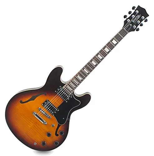 Rocktile Pro HB100-SB E-Gitarre - Halbresonanz Hollowbody, 2 Humbucker, Vintage Sunburst mit geflammter Decke und hochwertigem Griffbrett