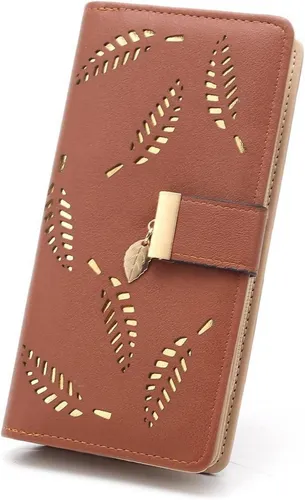 CHAOFANXI Damen Geldbörse mit Blattmuster - Bifold Leder Lange Reißverschluss in Braun - Stilvolle Bifold Geldbörse für Erwachsene, ideal organisiert mit praktischem Reißverschluss und elegantem Blattmuster. Perfekt für jeden Anlass.