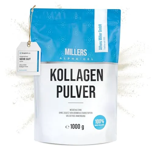 Millers Alpha-Gel 100% reines Kollagen Pulver – 1000 g - Kollagen-Präparate, geschmacksneutral und ohne Zusatzstoffe – ideal für Shakes, Suppen und Smoothies, unterstützt die Haut- und Gelenkgesundheit.