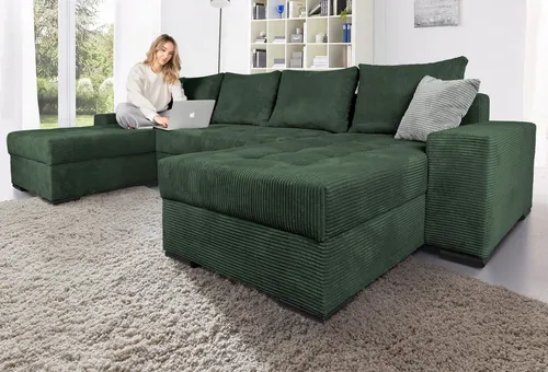 COLLECTION AB Wohnlandschaft XL-Josy U-Form, 313 cm, dunkelgrün mit Bettfunktion - Wohnlandschaften mit beidseitig montierbarer Recamiere, gepolsterten Armlehnen und Bettkasten für zusätzlichen Stauraum - ideal für gemütliche Abende und Übernachtungsgäste.