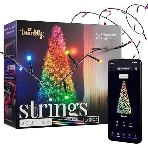 Twinkly Strings 600 LED RGB - Smarte 48m LED-Lichterkette für Innen und Außen, kompatibel mit Alexa und Google Home, über 16 Millionen Farben und benutzerdefinierte Effekte