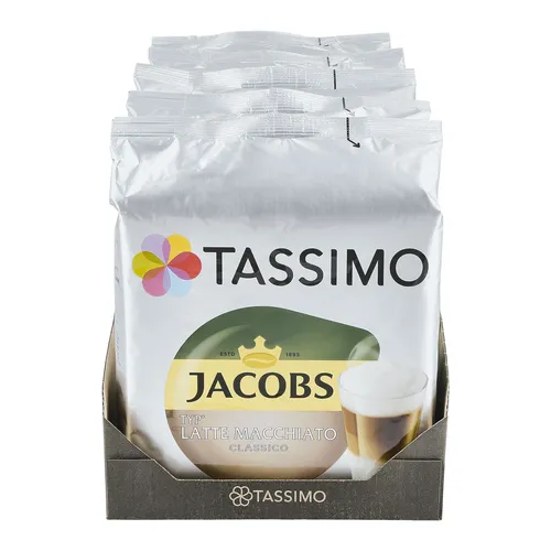 TASSIMO Jacobs Latte Macchiato Classico Kapseln - Kaffeekapseln & -pads für Tassimo, mit cremigem Latte Macchiato Geschmack und mindestens haltbar bis 03.2026. Ideal für Kaffeeliebhaber!