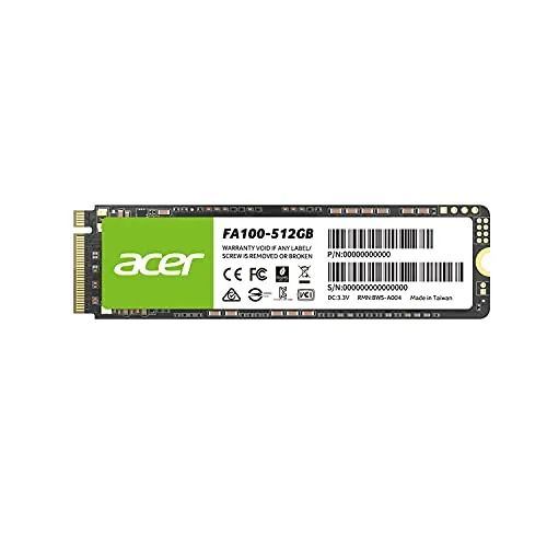 Acer FA100 512GB SSD M.2 - Höchste Geschwindigkeit für Gamer - Festplatte mit 512 GB Kapazität und PCIe Gen3 x4 Schnittstelle, bietet blitzschnelle Lese- und Schreibgeschwindigkeiten von bis zu 3300 MB/s - ideal für Technikbegeisterte und Hardcore-Gamer.