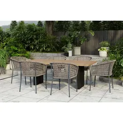 OUTFLEXX Bob/Zui Garten-Essgruppe, anthrazit/hellgrau, Alu/recycled Teak/Rope, 220 x 100 cm, 6 x Sessel, inkl. Polster