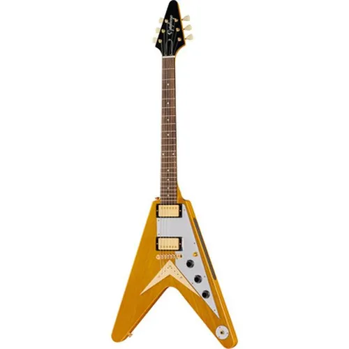 Epiphone Flying V Korina Aged Natural E-Gitarre - Epiphone 1958 Flying V Korina E-Gitarre mit einzigartigem Aged Natural Finish, ausgestattet mit hochwertigen Gibson Burstbucker Tonabnehmern für unverwechselbaren Klang.