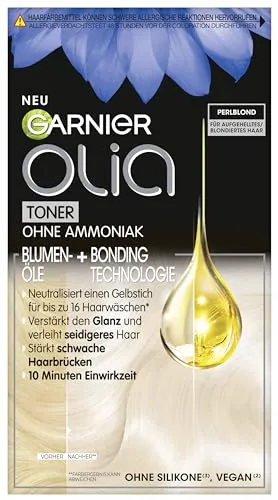 GARNIER Haartönung Garnier Olia Toner Perlblond - Intensivtönung für bis zu 16 Haarwäschen, neutralisiert Gelbstich und sorgt für glänzendes Haar. Die vegane Formel ohne Ammoniak kräftigt das Haar und ist ideal für verschiedene Blondtechniken.