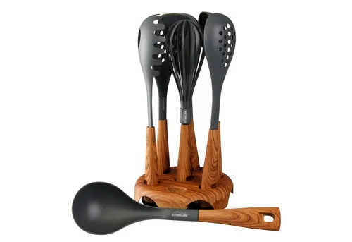 STONELINE Kochbesteck-Set 8-teilig - Kochbesteck-Set mit Holzoptik-Griffen, hitzebeständig bis 180°C, ideal für beschichtete Pfannen und Töpfe, spülmaschinengeeignet für einfache Reinigung.