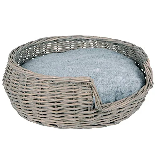 UNUS Haustierkorb rund grau/weiß Washed mit Kissen groß Ø55 - Hundebett aus hochwertiger Weide, ideal für mittelgroße Hunde. Mit herausnehmbarem, waschbarem Kissen für maximalen Komfort und einfache Pflege.
