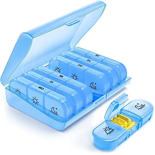 AUVON wöchentlicher Pillendose 7 Tage 3 Fächer, tragbare Tablettenbox 7 Tage mit großen separaten Fächern für Medikamente, Vitamine, Fischöl, Nahrungsergänzungsmittel usw. (Blau)