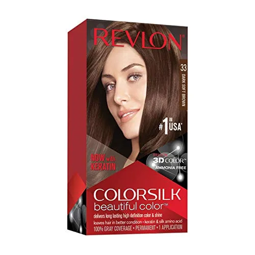 Revlon Permanente Haarfarbe, Permanente Haarfärbemittel, Colorsilk mit 100 % Grauabdeckung, Ammoniakfrei, Keratin und Aminosäuren, 33 Darkes Aschbraun