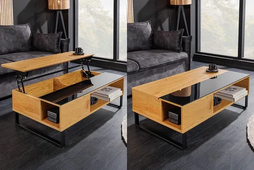 Riess-Ambiente Couchtisch APARTMENT 110 cm - Höhenverstellbar, Eiche/Glas, Stauraum - Eleganter Couchtisch mit höhenverstellbarem Metallgestell, ideal für dein Wohnzimmer. Bietet praktischen Stauraum und überzeugt durch sein stilvolles Design in Eiche und Glas.