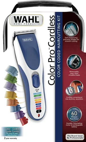 Wahl 09649-016 ColorPro Cordless Haarschneidemaschine - Blau, Silber, präzisionsgeschliffener Schneidsatz mit Farbleitsystem und 60 Minuten Akkulaufzeit