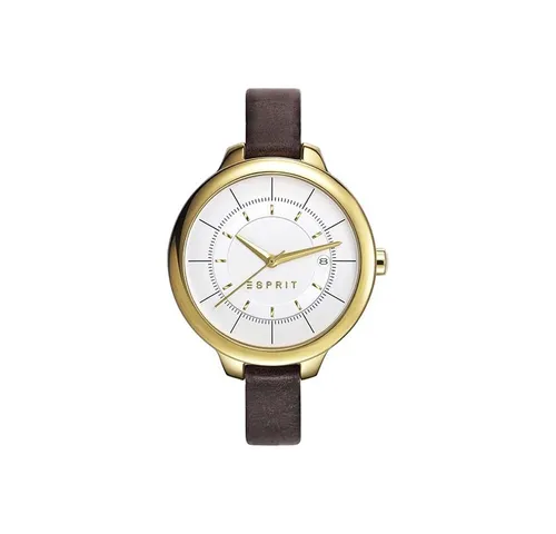 Esprit Damen-Armbanduhr Woman ES108192002 - Elegante Quarz Uhr - Armbanduhren für Damen mit Edelstahl-Gehäuse und Lederarmband, ideal für jeden Anlass. Kalenderfunktion und edles Design in Gold und Braun verleihen Stil und Funktionalität.