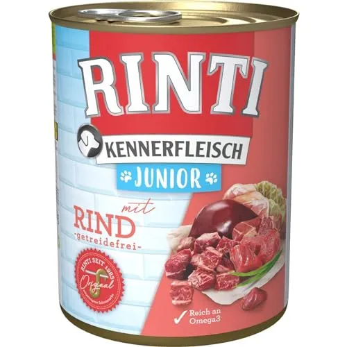 Rinti Kennerfleisch Hundenassfutter Junior 800 g Rind - Hochwertiges Hundenassfutter für Junghunde, reich an Rind und ideal für eine gesunde Ernährung, besonders bei Kartonabnahme.