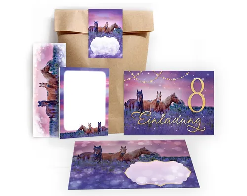 JUNAPACK Einladungskarten Pferd zum 8. Geburtstag Einladungen Karten mit Umschlägen Mitgebsel, Mitbringsel Set Fohlen Gastgeschenke zum achten Geburtstag Pferde