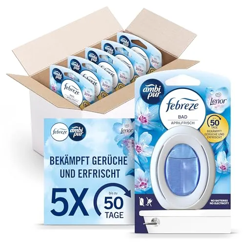 Febreze Raumduft Bad Lufterfrischer 2in1, 5er Pack - Lufterfrischer mit Lenor Aprilfrisch Duft, entfernt Gerüche und sorgt bis zu 45 Tage für Frische. Einfach zu aktivieren, kein Strom nötig.