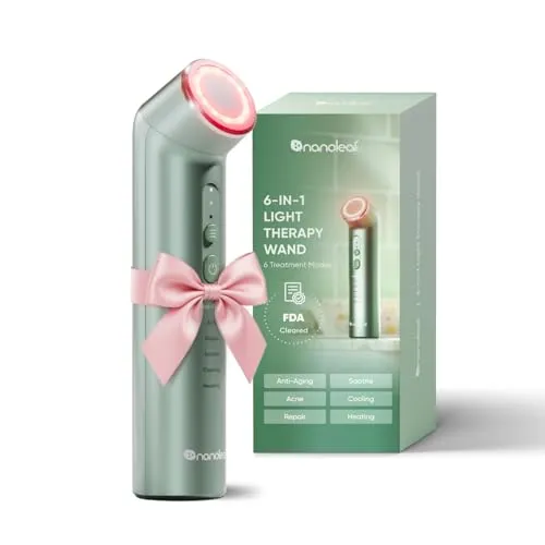 Nanoleaf 6-in-1 Gesichtsmassagegerät, Multitasking Lichttherapie Modi kombiniert Rotlicht + NIR/Blaulicht, Kühlung, Heizung or Vibration, Tragbar elektrisches LED Red Light Therapy Wand für Face Hals