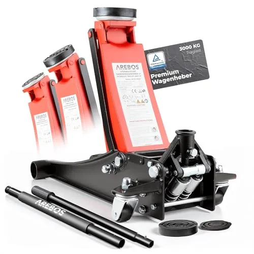 AREBOS 3T Hydraulischer Rangierwagenheber - Werkstatteinrichtung mit 3 Tonnen Tragfähigkeit, ideal für Sportwagen und tiefergelegte Fahrzeuge dank einer niedrigen Unterfahrhöhe von 85 mm und einer robusten Konstruktion.