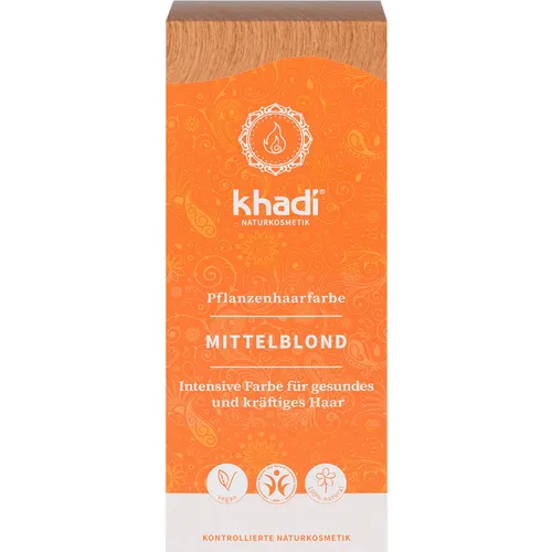 Khadi Pflanzenhaarfarbe Mittelblond - 100% natürlich - Haarfarbe in Mittelblond, ideal für natürliche Farbtöne und Pflege. Verleiht Glanz und deckt graues Haar ab. 100% vegan und ohne synthetische Inhaltsstoffe.