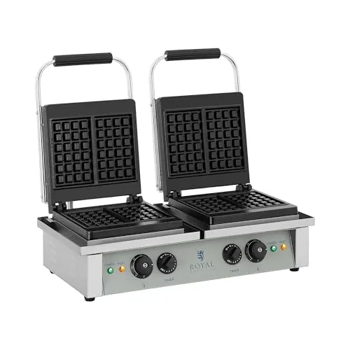 Royal Catering Waffeleisen Doppelt - Waffelautomat für 4 Belgische Waffeln - Waffeleisen für Restaurants und Cafés, mit vollautomatischem Thermostat, Antihaftbeschichtung und 15 Min. Timer für perfekte Waffeln.
