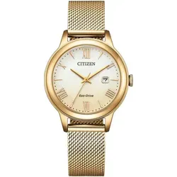 Citizen Watch EW2623-70P - Elegante Damen-Armbanduhr mit solarbetriebener Technologie, die sich bei Licht auflädt. Hochwertiges Gold Edelstahl Band und Kalenderfunktion für stilbewusste Frauen.