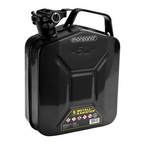 Metallkanister Schwarz 5 Liter - Robuster Metall Benzinkanister mit UN-Zulassung, ideal für Transport und Lagerung von Kraftstoffen. Aus kalt gewalztem Stahl, rostgeschützt und mit Sicherungsbügel für sicheres Ausgießen.