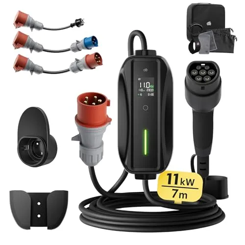 dé Mobile Wallbox/Ladestation 11kW [3-phasig|7m|6-16A] mit Traveller Adapter Set, Ladekabel CEE 16A auf Typ 2 und EV Ladegerät für Model Y/3, ID.3/4/5, MG4, EX30, e-up, e-tron, Zoe und andere EV