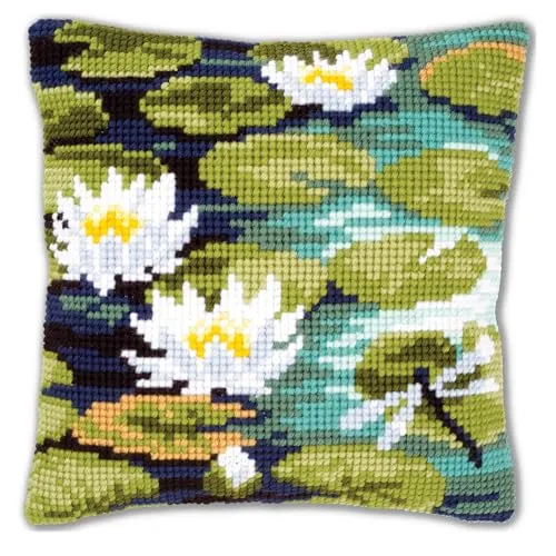 Vervaco Kreuzstich Stickpackungen Kissen Stickerei Set Anfänger Vorgedruckt Seerosen à la Monet DIY Set Kreativ Set Für Erwachseneca. 40 x 40 cm Bastelset Handwerker Haus Dekoration