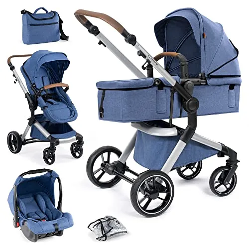 Bergsteiger Kinderwagen Lugo 3in1 - Kombikinderwagen Komplettset - 3 in 1 Kinderwagen mit Babyschale, Buggy-Aufsatz, Sonnenschutz & Wetterfußsack für optimale Mobilität ab der Geburt. Modernes Design und hohe Sicherheit durch pannensichere Reifen.