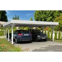 Skan Holz Carport Spessart 611 cm x 846 cm Weiß - Doppelcarport mit stabiler Konstruktion - Der Skan Holz Carport bietet durch seine Leimholz-Konstruktion und 8 starke Pfosten optimalen Schutz für bis zu zwei Fahrzeuge. Mit einer Einfahrtshöhe von 220 cm und einer Grundfläche von 51,69 m² ist er ideal für Ihren Fuhrpark.