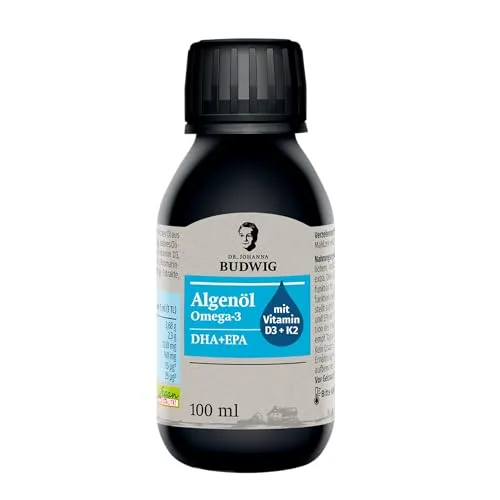 Dr. Johanna Budwig Omega 3 Algenöl Vegan Pur (100ml) - Hochdosiert für Herz, Hirn & Augen - Omega-3 Öl aus kontrollierter Algenzucht, reich an DHA, EPA, Vitamin D3 und K2 - ideal für vegane Ernährung und unterstützt das Immunsystem.