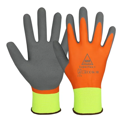 Hase Arbeitshandschuhe Superflex +, 508645, Größe 9/L - Montagehandschuhe mit Latex-Vollbeschichtung für hervorragenden Nässeschutz und optimale Griffigkeit bei nassen und öligen Bedingungen. Ideal für Bau- und Präzisionsarbeiten. 10 Paar im Set.