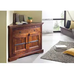 Massivmoebel24 Eckkommode Akazie OXFORD #505 - Schubladenkommode aus Akazie, 107x54x80 cm, mit eleganter nougat lackierter Oberfläche, ideal für platzsparende Einrichtung und stilvolle Akzente.