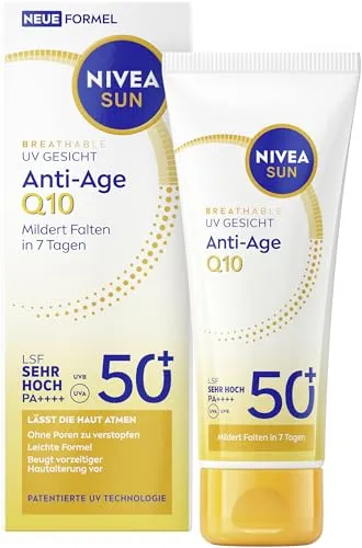 NIVEA Sun UV Gesicht Q10 Anti Age Creme LSF 50+ 40ml - Hochwirksame Sonnencreme für das Gesicht mit LSF 50+, die Falten mildert und die Haut strafft. Die leichte Textur zieht schnell ein und lässt die Haut atmen. Ideal für täglichen Schutz und für alle Hauttypen geeignet.