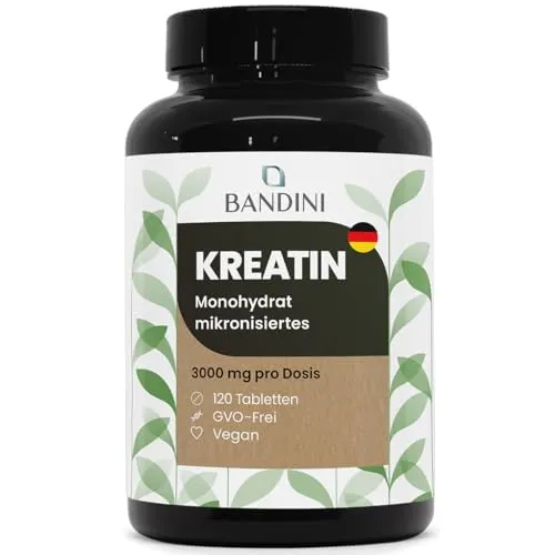 Bandini® Kreatin Monohydrat 120 Tabletten - Mikronisiert - 3000 mg reines Creatin pro Dosis – Tabs für Bodybuilding, Fitness, Cross-Fit, Training – Creatine Monohydrate Tabs Hochdosiert - 100% Vegan