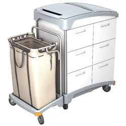 Cleankeeper Hotelwagen III - 8, Holzgehäuse mit 6 Schubladen - Hochwertiger Reinigungswagen für Hotels, optimiert für den Transport von Wäsche und Hygiene-Materialien. Mit 120 Liter Wäschesack und modernem Design ist er ideal für professionelle Anwendungen.