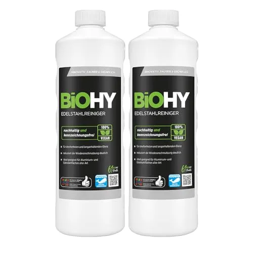 BiOHY Edelstahlreiniger (2 x 1 liter) | Edelstahlpflege für streifenfreien Glanz | ideal für Küche, Töpfe oder Grill | Edelstahl reinigen in Gastronomie & Haushalt | pflegendes Putzmittel