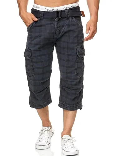 Indicode Herren Nicolas Check 3/4 Cargo-Shorts inkl. Gürtel - Wanderhosen aus strapazierfähiger Baumwolle, ideal für Outdoor-Aktivitäten mit praktischen Taschen und lässigem Karodesign.