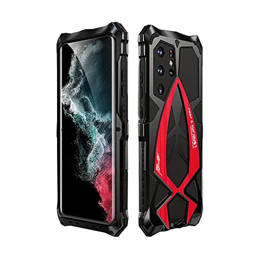 CeeDoo Stoßfeste Schutzhülle für Galaxy S22 Ultra 5G Militärisches Rugged integriertes Silikon Metall 360 Grad Hard Military Protection Case – Rot