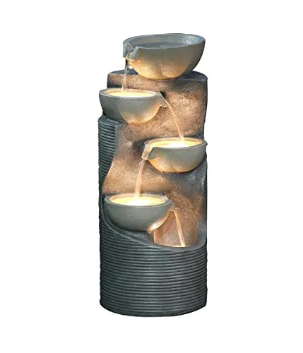 Dehner Gartenbrunnen Salo mit LED Beleuchtung - Tischspringbrunnen für den Aussenbereich, plätschert wie ein kleiner Wasserfall und sorgt für entspannende Atmosphäre, inkl. 4 warmweißen LEDs und Pumpe, aus witterungsbeständigem Polyresin.