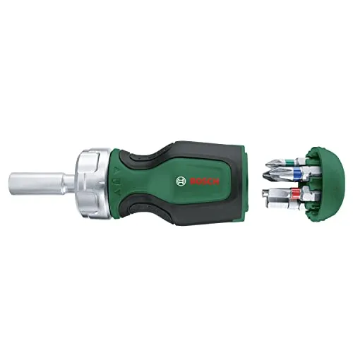 Bosch Stubby Ratschenschraubendreher 6-teilig mit Bit Magazin - Praktischer Schraubenzieher mit 6 Teilen und weichem Griff für komfortables Arbeiten. Ideal für präzise Schraubarbeiten und kompakt für einfache Aufbewahrung.