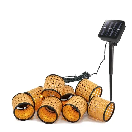 Esotec Solar Lichterkette Samoa mit 8 Rattan Körbchen 2,4 Meter 2500K warmweiß, Akku, Solarmodul, Erdspieß outdoor, 102800
