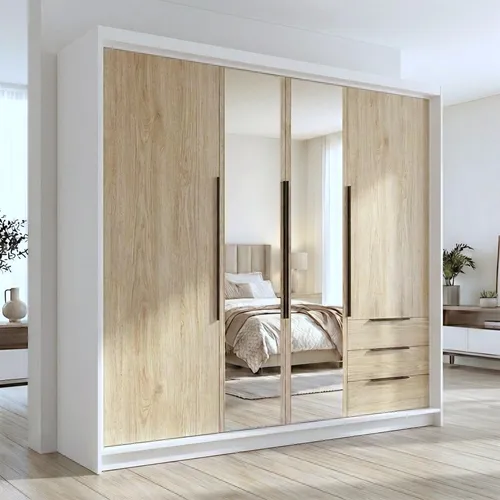VIVO Kleiderschrank 4-türig mit Schubladen – Modernes Design in Weiß/Braun - Geräumiger 4-türiger Kleiderschrank mit optimaler Innenaufteilung, praktischen Schubladen und eleganten Metallgriffen. Ideal für Ordnung in Schlafzimmer und Ankleidezimmer. Viel Stauraum für die ganze Familie!