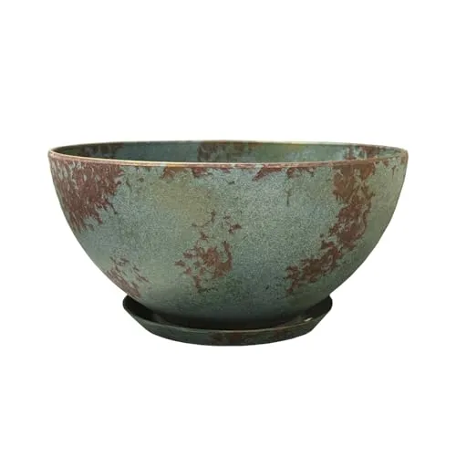 Classic Home and Garden Rosie Moderner Übertopf mit Drainage, Moderne Pflanzschalen – Flache runde Vasen für kleine Pflanzen – vielseitige Töpfe für drinnen und draußen (25,4 cm, Patina-Kupfer)