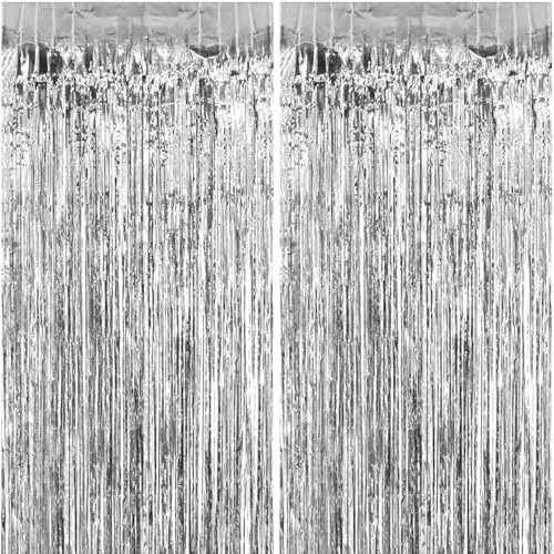 Silvester Lametta Vorhang Silber, Folie Fransen Vorhang Schimmer, Metallic Tinsel Vorhange Hintergrund Fringe Glitzervorhänge Fransenvorhang Metallfolie fur Party Deko Geburtstagsdeko -2stk-