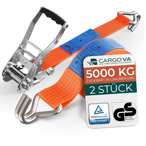 CargoVA Spanngurt mit Ratsche und Haken 5,5M + 0,5M - 2 praktische Spanngurte, wasserdicht und robust, ideal für sicheres Verzurren von Ladungen. TÜV- und DIN-geprüfte Qualität für den zuverlässigen Einsatz.
