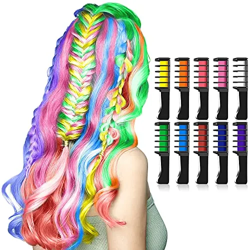 Haarkreide für Mädchen, Kastiny 10 Stück Haarfarbe Kamm, Temporär Haarfarbe Kreide Kamm für Kinder Haarfärbemittel, Party und Cosplay, mit 4 Glitzertuben & 32 Schablonen